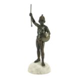 Bronzed spelter figure of a Roman gladiator raised on a white marble base, 24cm high