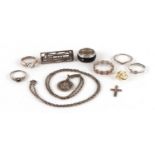 Silver jewellery including rings, St Christopher pendant on necklace and Rennie Mackintosh design