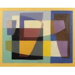 Abstract composition, geometric shapes, American school oil on Masonite, mounted and framed, 49cm