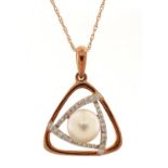 9ct rose gold cultured pearl and diamond pendant on a 9ct rose gold necklace, total diamond weight