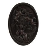 After Louis Beataux, French bronze plaque embossed with three Putti housed in a giltwood frame,
