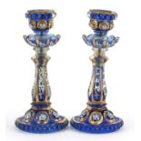 Pair of Bohemian blue glass lustre candlesticks hand painted with flowers, 32cm high