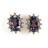 Pair of 9ct gold diamond and tanzanite stud earrings, 1.0cm high, 1.3g