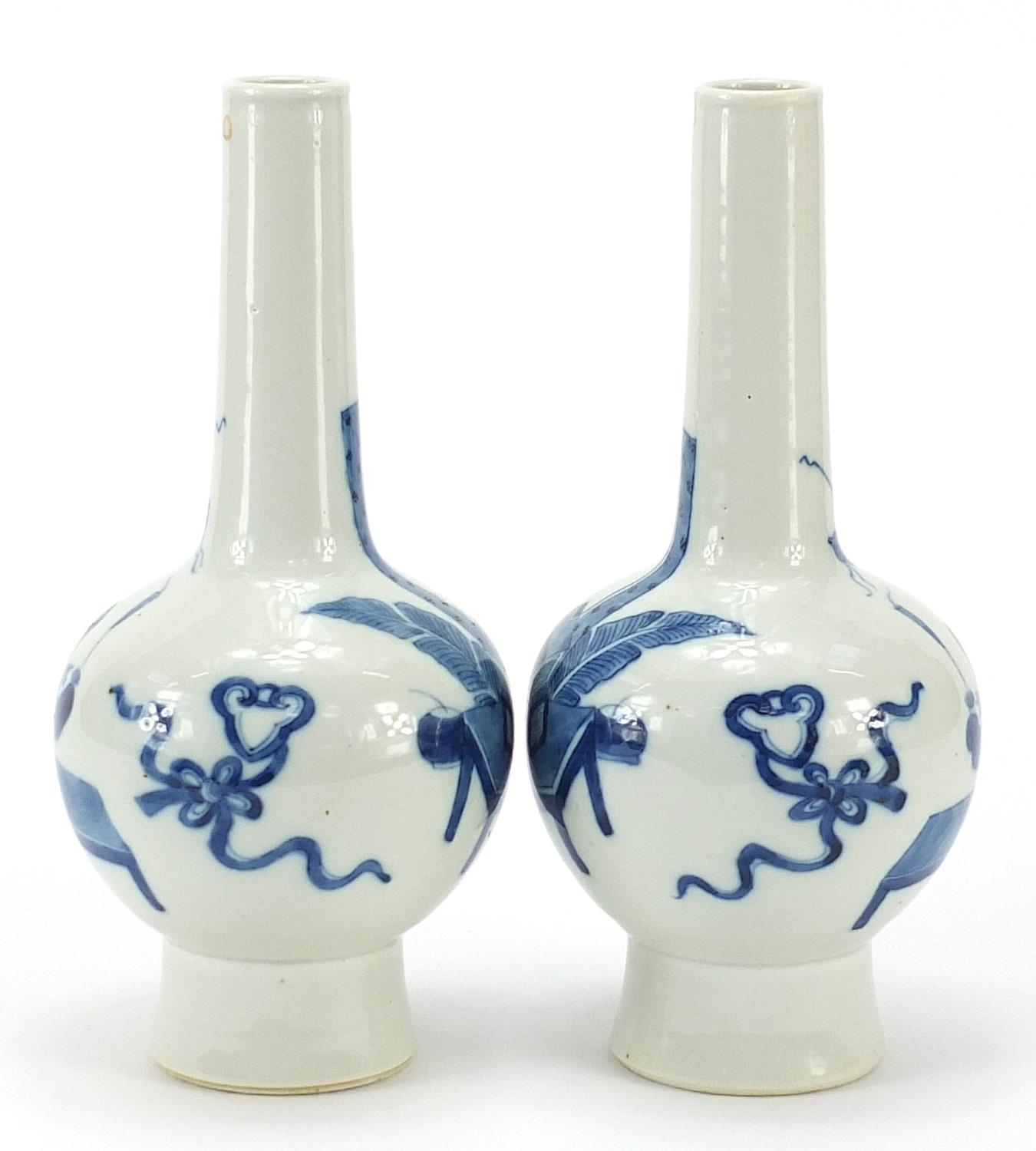 Pair of Chinese blue and white porcelain vases hand painted with figures and Daoist emblems, - Image 2 of 3