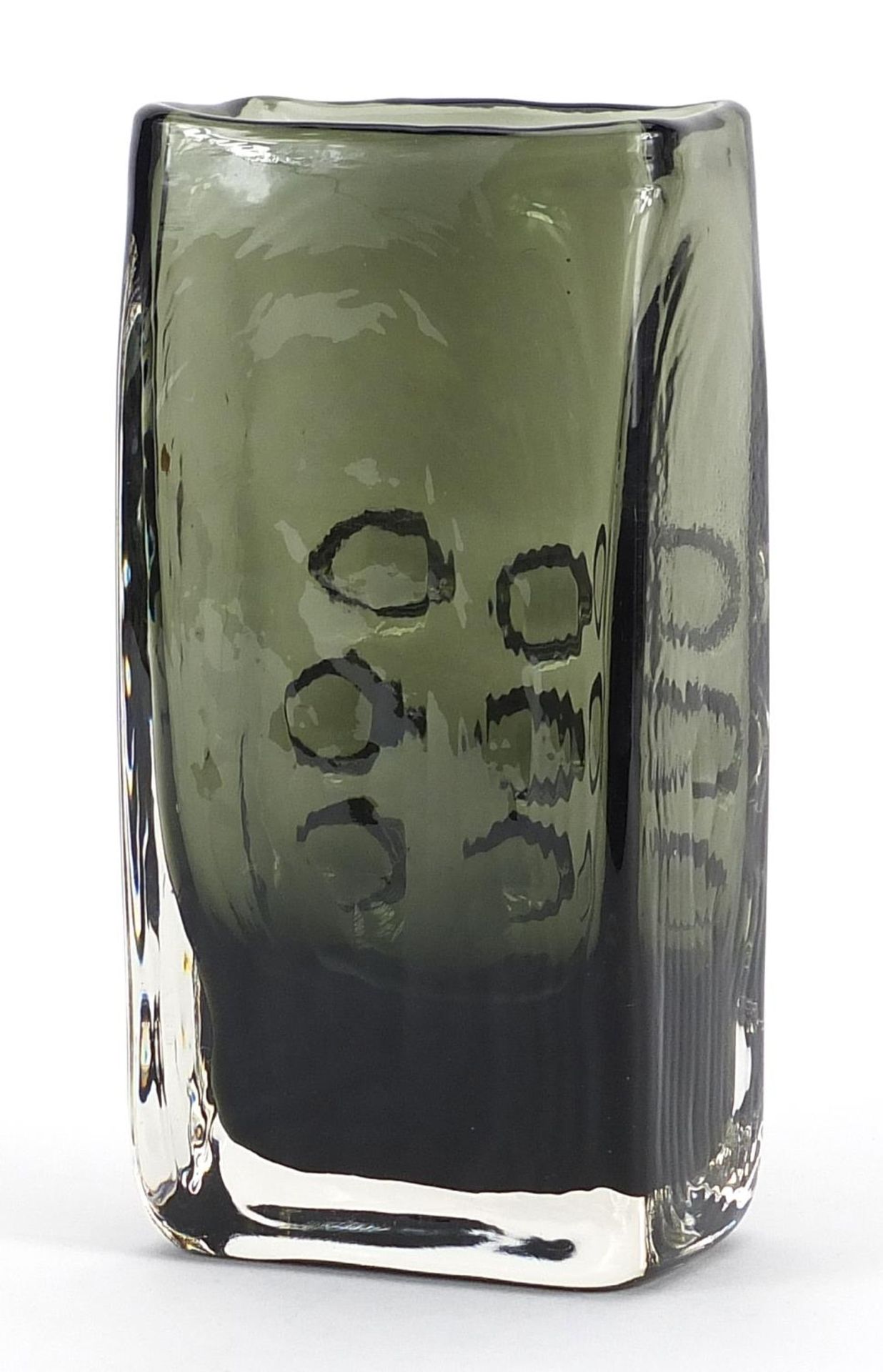 Geoffrey Baxter for Whitefriars, mobile phone glass vase in sage green, 16.5cm high - Image 2 of 3