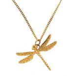 9ct gold dragonfly pendant on a 9ct gold necklace, 2.5cm wide and 46cm in length, 2.8g