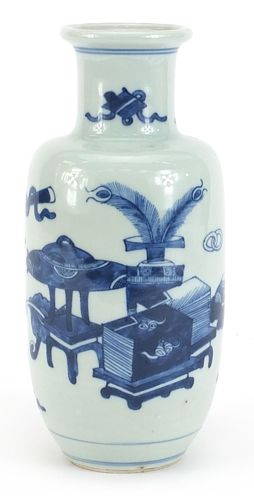 Chinese blue and white porcelain vase hand painted with lucky objects and Daoist emblems, 21cm high