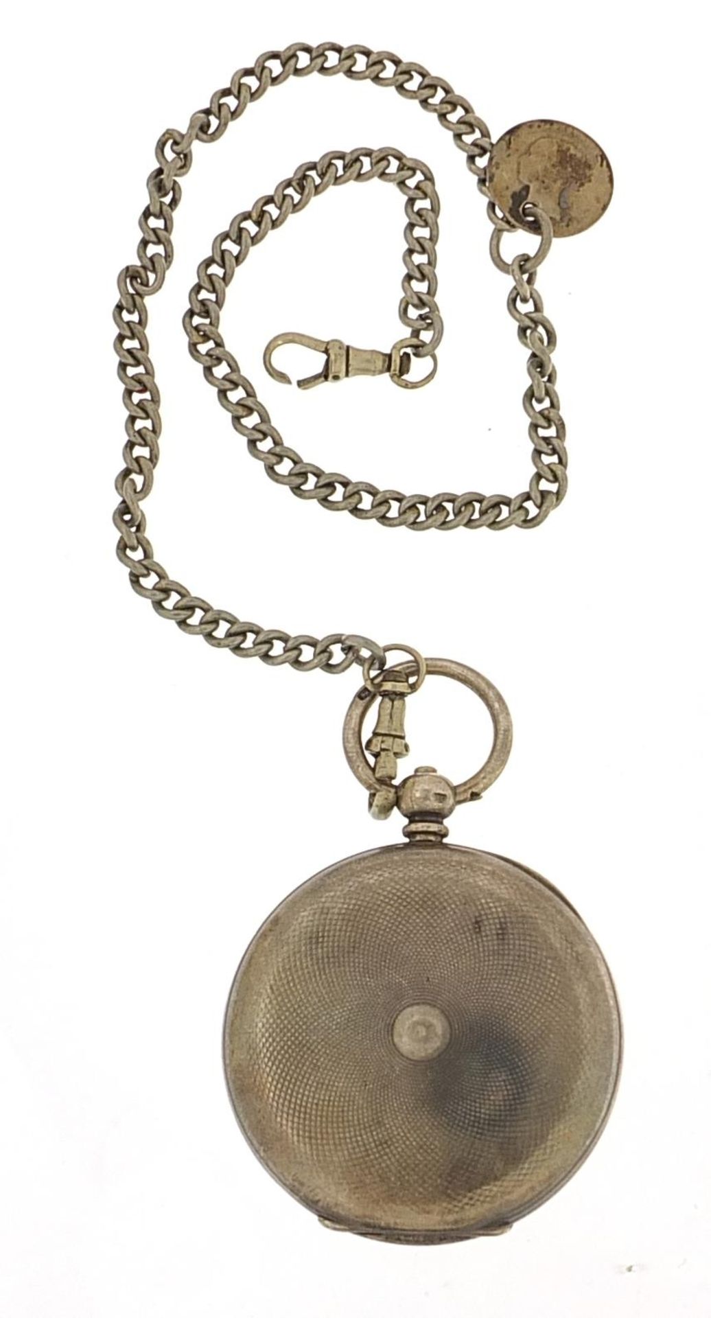 Victorian silver gentlemen's full hunter pocket watch on a white metal watch chain, the pocket watch - Image 5 of 5