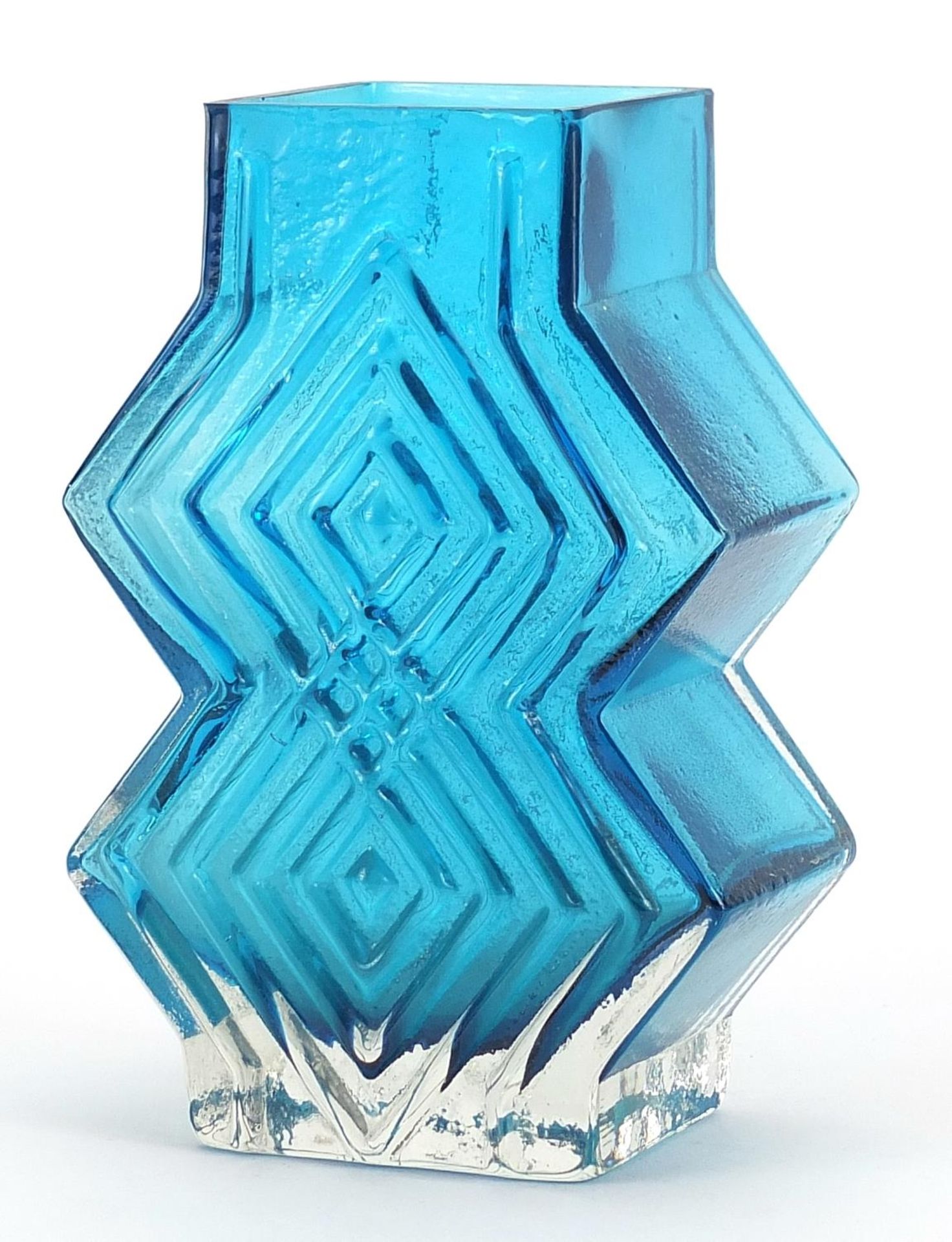 Geoffrey Baxter for Whitefriars, double diamond glass vase in kingfisher blue, 16cm high