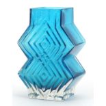 Geoffrey Baxter for Whitefriars, double diamond glass vase in kingfisher blue, 16cm high