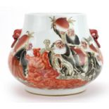 Large Chinese porcelain baluster vase with handles hand painted in iron red with figures and