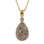 9ct gold diamond cluster tear drop pendant on a 9ct gold necklace, 1.6cm high and 44cm in length,