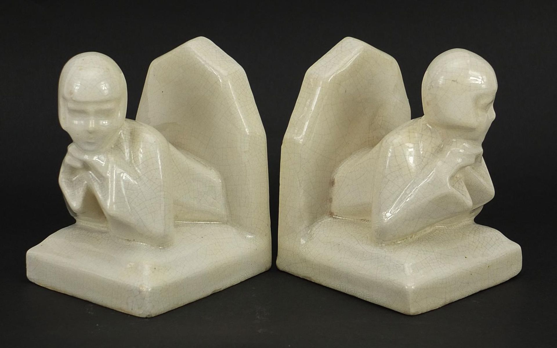 Pair of Art Deco cream glazed bookends in the form of females, 10.5cm high - Bild 2 aus 4