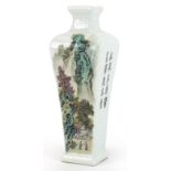 Chinese porcelain flat sided vase hand painted with a landscape and calligraphy, four figure iron