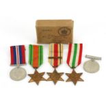 Five British military World War II medals with box of issue
