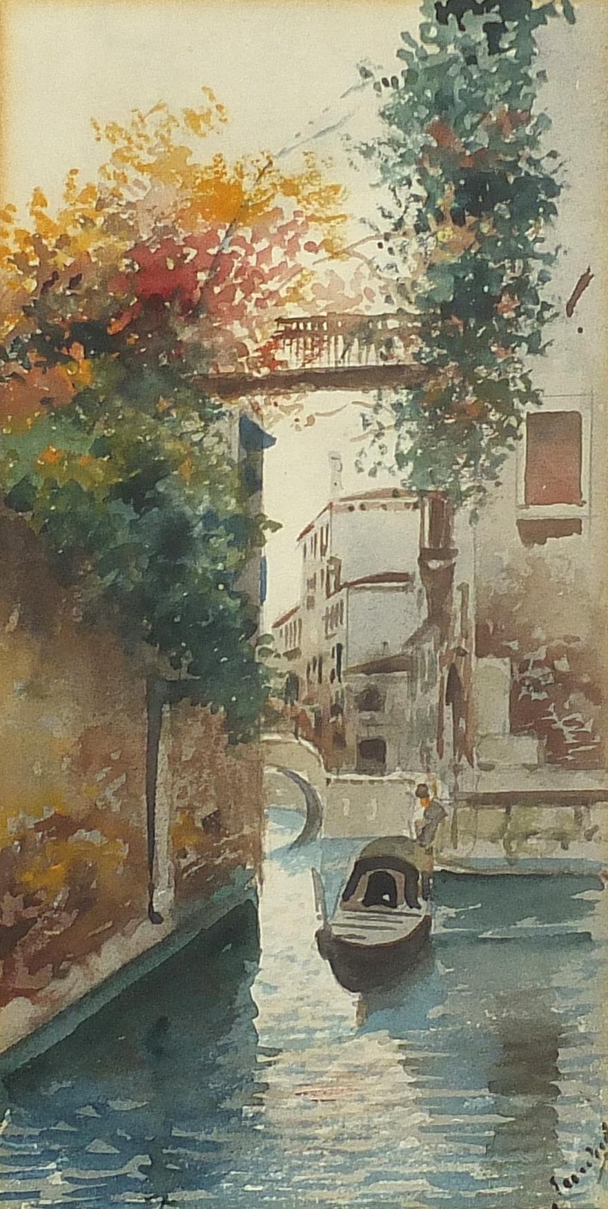 Venetian canal with gondola, watercolour, indistinctly signed, Penns Fine Art label verso,