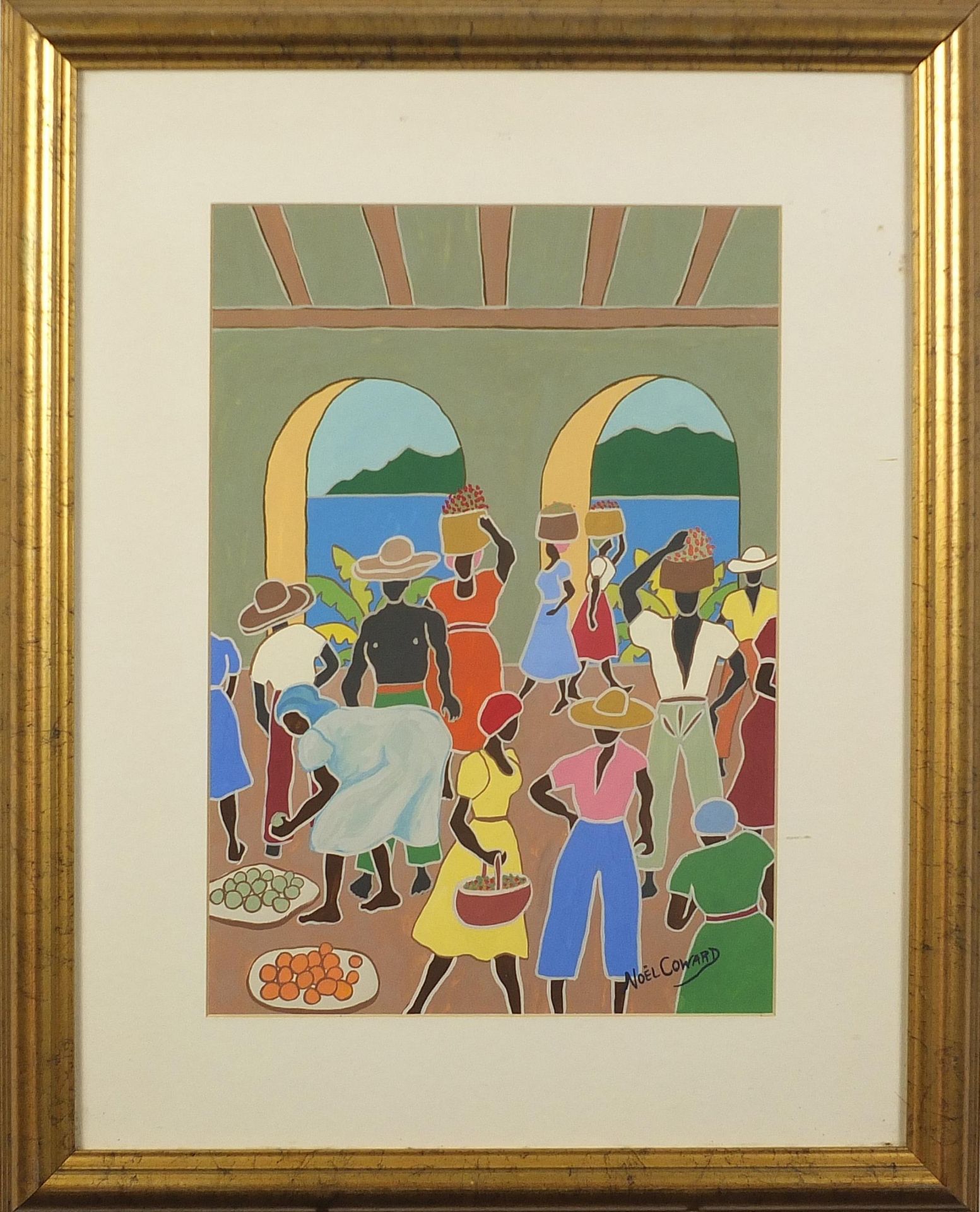 After Noel Coward - Jamaican market scene, gouache on paper, mounted, framed and glazed, 33.5cm x - Bild 2 aus 4