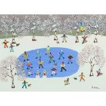 Gordon Barker - Ice skating, acrylic, mounted, framed and glazed, 34cm x 24.5cm excluding the