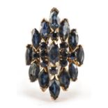 14ct gold sapphire four tier cluster ring, size N, 7.0g