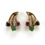 Pair of unmarked 9ct gold ruby sapphire and emerald earrings, 1.0cm high, 1.1g