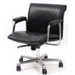 Boss Design black leather and chrome adjustable swivel office chair, 77cm lowered to 89cm high