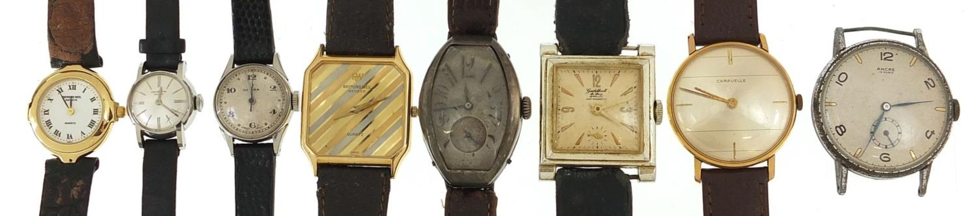 Eight vintage and later ladies and gentlemen's wristwatches including a Raymond Weil, Universal