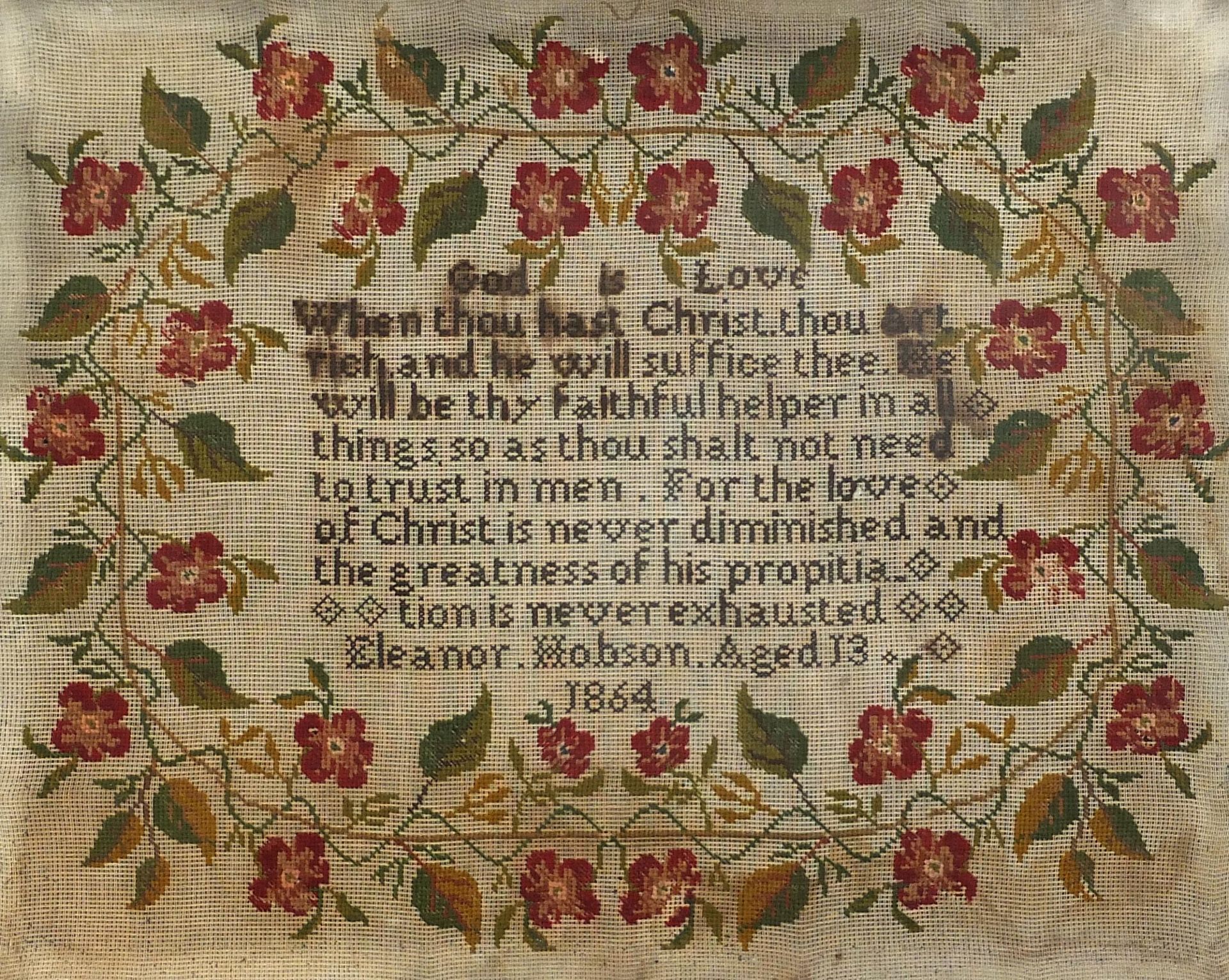 19th century embroidered sampler with verse and flowers worked by Eleanor Hobson, aged 13, 1864, - Image 2 of 3