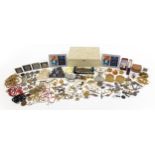 Vintage and later costume jewellery and coins, some silver, including 9ct gold bar brooch,