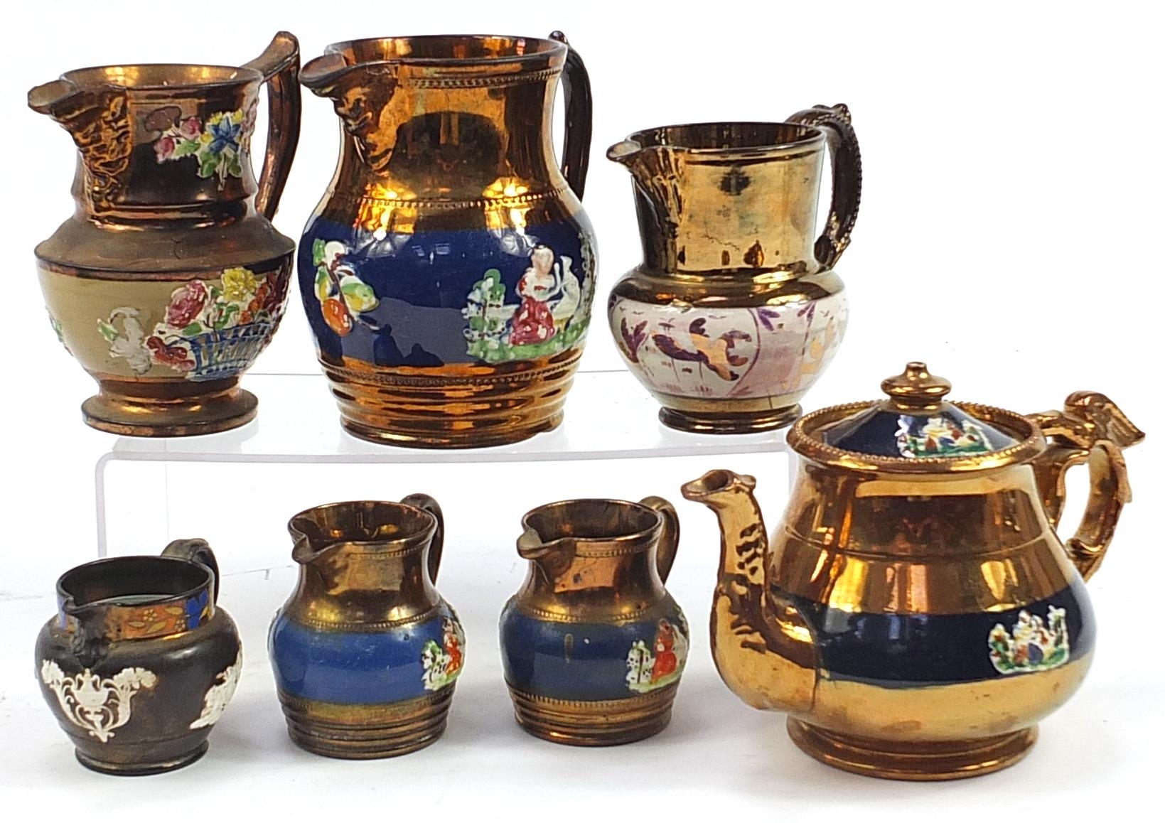 Six Victorian copper lustre pottery jugs and teapot, each decorated in relief with a girl with a cat - Bild 2 aus 4