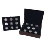 Seventeen silver proof coins by The Royal Mint commemorating the Queen's 80th birthday, arranged