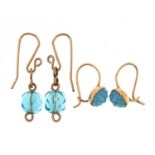 Two pairs of gold coloured metal blue stone drop earrings, the largest 2.5cm high, total 1.8g