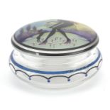 Art Deco glass powder box and cover, the lift off lid hand painted internally and externally with