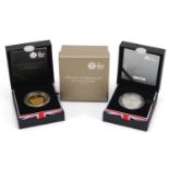 Two Elizabeth II silver proof five pound coins with certificates and cases commemorating The