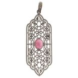 Silver filigree cabochon ruby and diamond pendant, the ruby approximately 2.20 carat, total