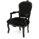 French style black painted elbow chair with black button back upholstery, 92cm high