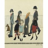 Manner of Laurence Stephen Lowry - Group of figures before railings, Manchester school oil on canvas