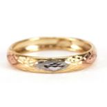 9ct three tone gold wedding band, size T, 1.0g