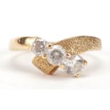 14ct gold cubic zirconia three stone ring, size K, 2.7g