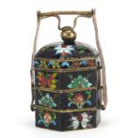 Chinese cloisonne miniature three section food carrier enamelled with flowers, 9cm high
