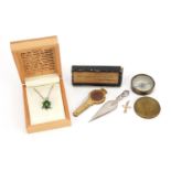 Objects and jewellery including 9ct gold cross pendant, jade tortoise pendant on chain, novelty cake
