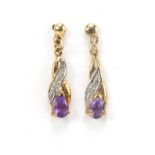 Pair of 9ct gold amethyst and diamond drop earrings, 19mm high, 1.0g