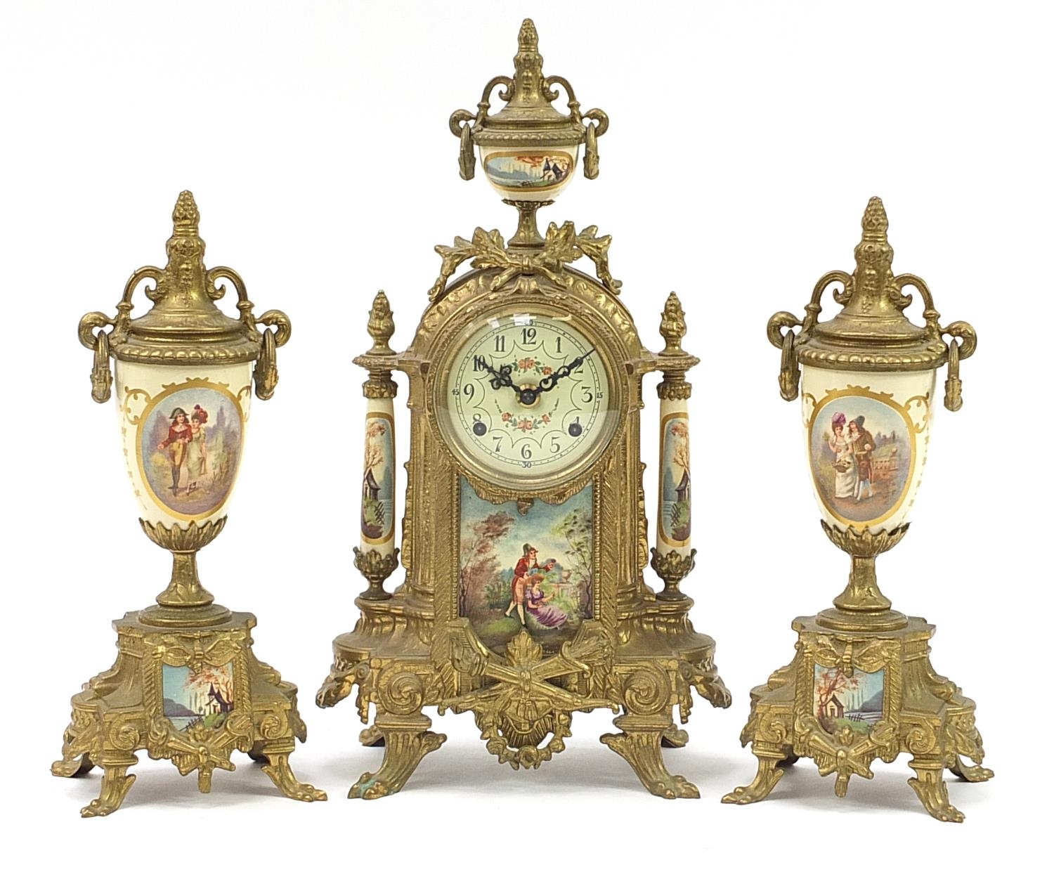 French style gilt metal three piece striking clock garniture decorated with courting couples