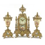French style gilt metal three piece striking clock garniture decorated with courting couples