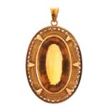 Large unmarked gold citrine pendant, (tests as 15ct+ gold) 5cm high, 20.6g