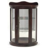 Mahogany bow front wall hanging display case with two glass shelves, 47cm H x 32cm W x 16.5cm D