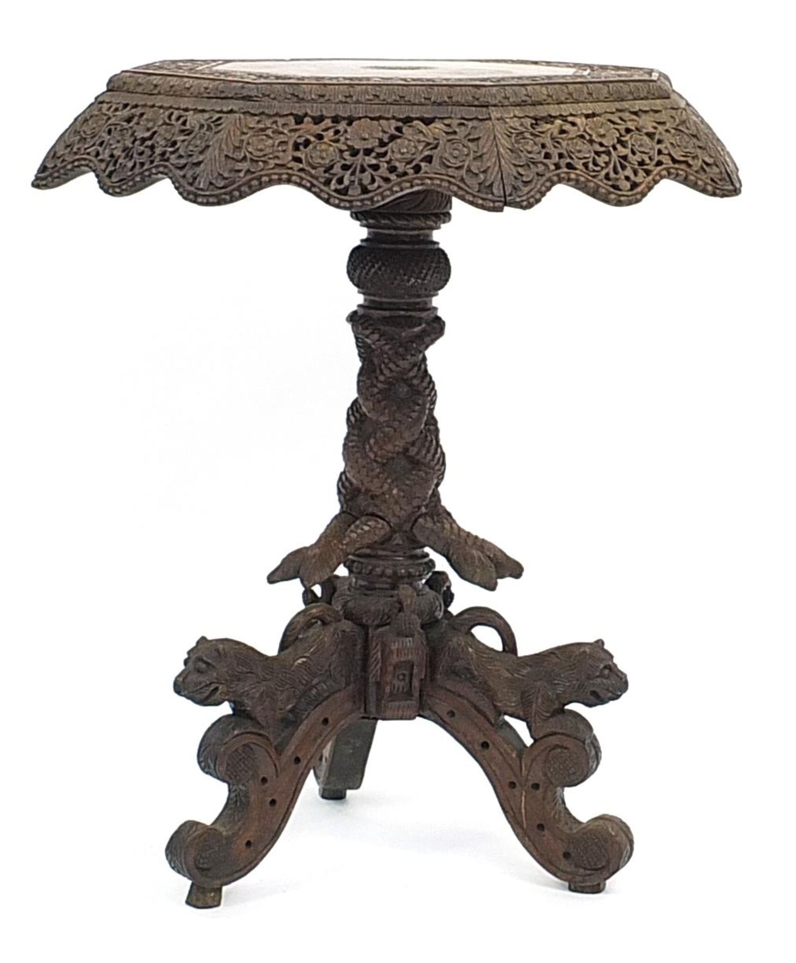 Burmese side table with octagonal top profusely carved with wild animals amongst flowers, with - Image 3 of 4