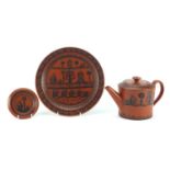 Scottie Wilson for Royal Worcester brown glazed porcelain including teapot, plate and dish, each