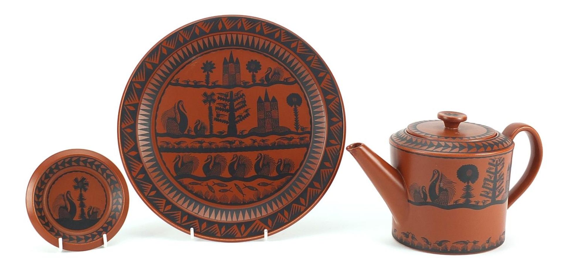 Scottie Wilson for Royal Worcester brown glazed porcelain including teapot, plate and dish, each