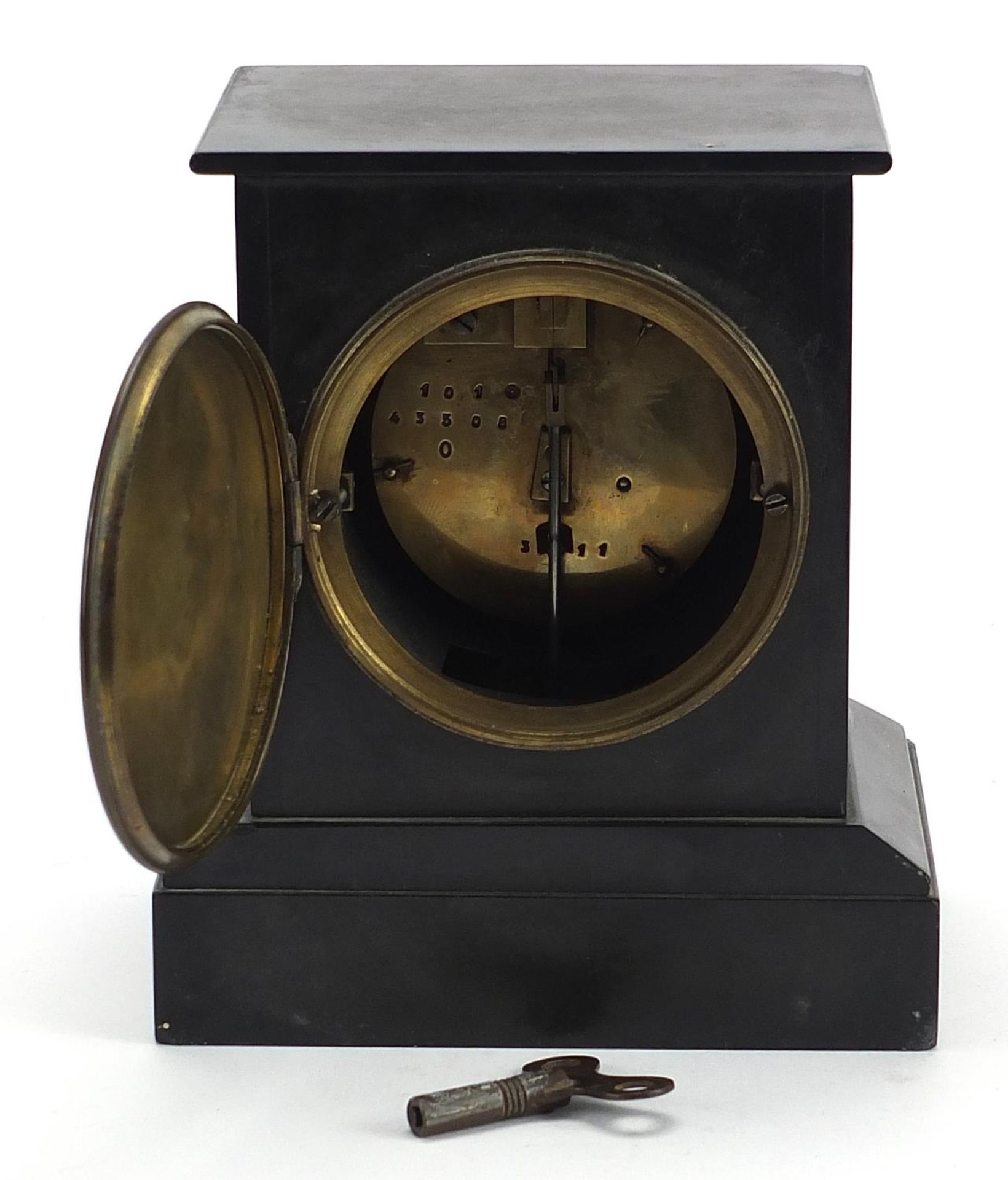 Victorian black slate mantle clock, the enamelled dial having Roman numerals the movement numbered - Image 3 of 4