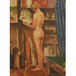 Stephen Chapman - Full length portrait of a standing nude female holding a book, oil on board,